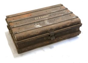 A metal and wood banded travel trunk, 'Williamson & Sons Patent, Worcestershire', the top marked OCK