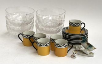 A set of six Czech coffee cups and saucers; together with six cut glass finger bowls; and two