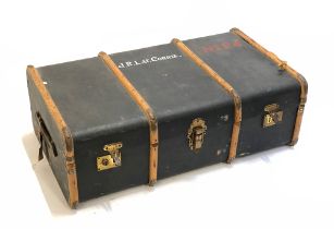 A vintage wood banded travel trunk, the top marked J.R. Lat. Corey, 91cm wide
