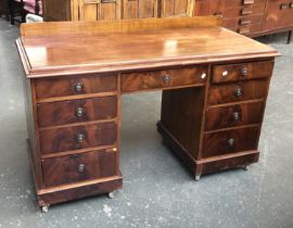 A Victorian mahogany pedestal desk, the moulded top over the traditional arrangement of nine