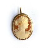 A 9ct gold mounted well carved shell cameo pendant/brooch of the goddess Diana, 2.2cmW, 3.7g