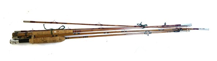 Two split cane three piece rods made by M J Kenney, Market Harborough, each 7'6" (2)