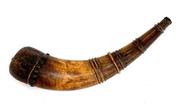 A 19th century scrimshaw, possibly prisoner of war, powder horn with engraved design, 30cm long