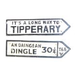 Two small cast iron signs for Dingle and Tipperary in Ireland, each 20cm long