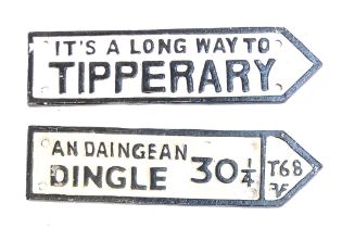 Two small cast iron signs for Dingle and Tipperary in Ireland, each 20cm long
