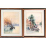 A pair of 20th century watercolours of boats moored on a canal, 27x20cm