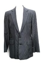 A single breasted grey pinstripe two piece suit, tailored by Ron Morley, 30" inside leg, approx.