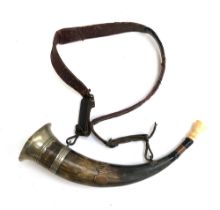 A Continental hunting horn, with leather strap