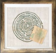 A painting of a maze on silk signed by Jill '15 together with a map showing entry and exit from