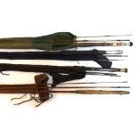 An Alex Martin Glasgow & Aberdeen three piece greenheart rod; together three split cane three