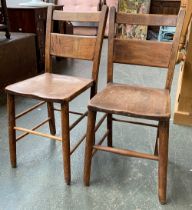 A pair of ash kitchen chairs, plain turned legs joined by double stretchers