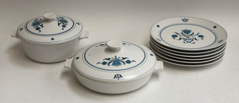 A set of six Noritake 'Blue Haven' dinner plates and two lidded tureens