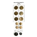 A collection of hunt buttons: Earl of Harrington's Hunt, 1882-1917, made by Pitt & Co, London