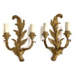 A pair of carved giltwood two fitting wall sconces, one af, 35cmH