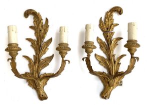 A pair of carved giltwood two fitting wall sconces, one af, 35cmH