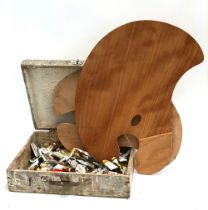 A vintage artist's box containing a quantity of oil paints; together with two large Mabef palettes