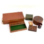 A mixed lot to include leather collar box; bridge set in wooden inlaid box etc