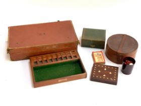A mixed lot to include leather collar box; bridge set in wooden inlaid box etc