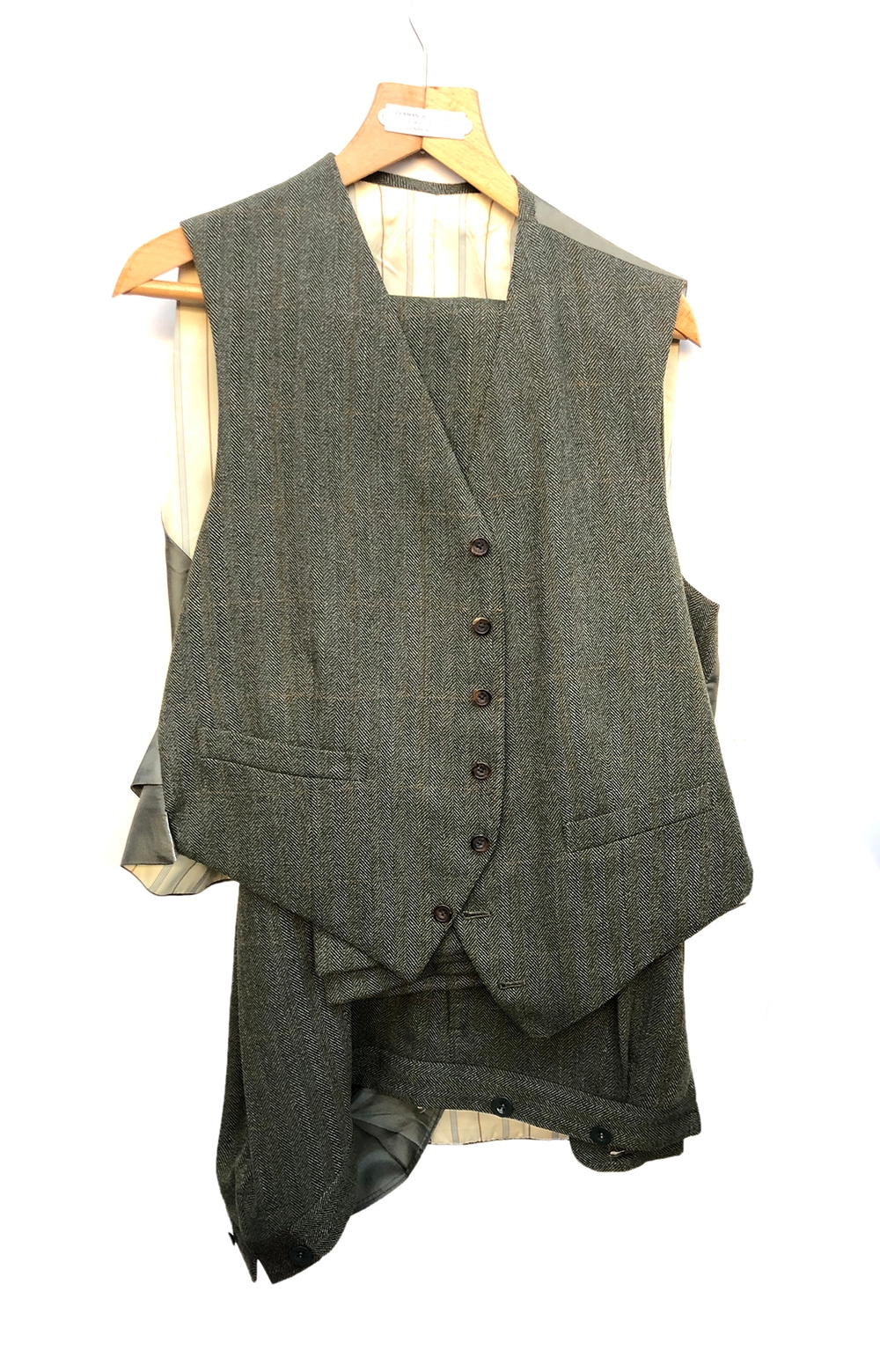 A Denman & Goddard three piece tweed suit c.1967, the trousers with button fly and brace buttons, - Image 2 of 2