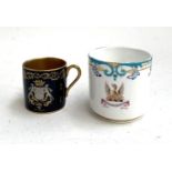 An antique Crown Derby porcelain cup c.1880 with Phoenix Society Armorial, & miniature mug with