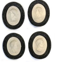 Four resin plaques, within black resin frames, depicting Roman emperors, 51x43cm