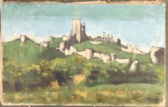 Rodney Fryer Russell (1918-1996), ruined castle on a hill, oil on canvas, 38x61cm
