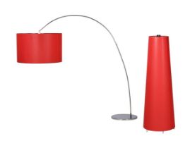 A chromed metal arching standard lamp with large red shade, 193cm high, and another similar