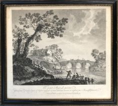 An 18th century engraving, 'Le Petit Pont de Pierre', by and after Norton, c.1759, the plate 33x37cm