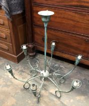 A verdigris effect six arm chandelier, 70cmW