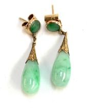 A pair of 14ct gold jade drop earrings with stud backs, the drops 2.2cmL, 4.3g