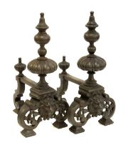 A pair of large andirons with lion mask, 43cmH
