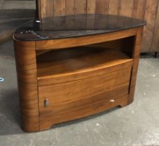A mid century style cabinet, with black glass top and undershelf, 80cmW