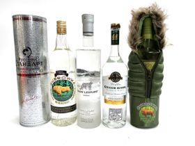 Five Bottles of Vodka: 70cl Zubrowka Bison Grass in Parka Jacket; 70cl Snow Leopard; 70cl Green