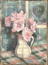 Rodney Fryer Russell (1918-1996), still life of roses in an ironstone jug, oil on canvas, 46x33cm