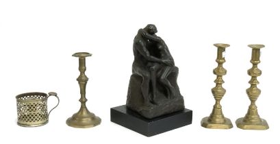 After Rodin, 'The Kiss', bronze resin sculpture, on wooden plinth, 30cmH; together with brass