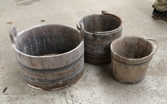 Three buckets of coopered construction, 48cm, 38cm, 31cm diameter