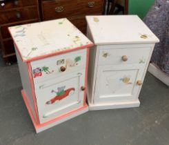 A pair of painted nursery bedside tables, one painted with Barbar the Elephant, the other with