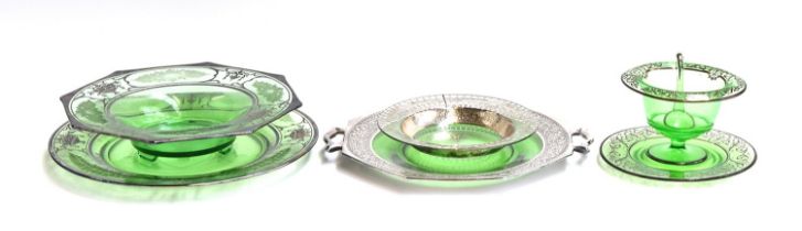 A collection of 20th century green glass, with white metal inlay design, some marked Sterling,