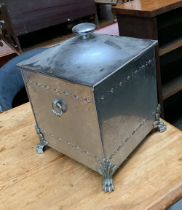 A 20th century chromed square lidded coal bucket on paw feet, 30cm2