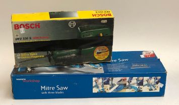 A Bosch PFZ 550 E; and a boxed handheld mitre saw