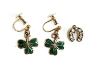 A pair of 9ct gold and enamel clover screw back earrings, hallmarked for William John Pellow,