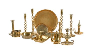 A collection of various domestic brassware, to include, a pair of barley-twist openwork