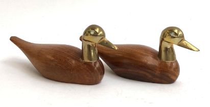 A pair of brass and carved wood Jack Daniels duck figurines, 19cmL