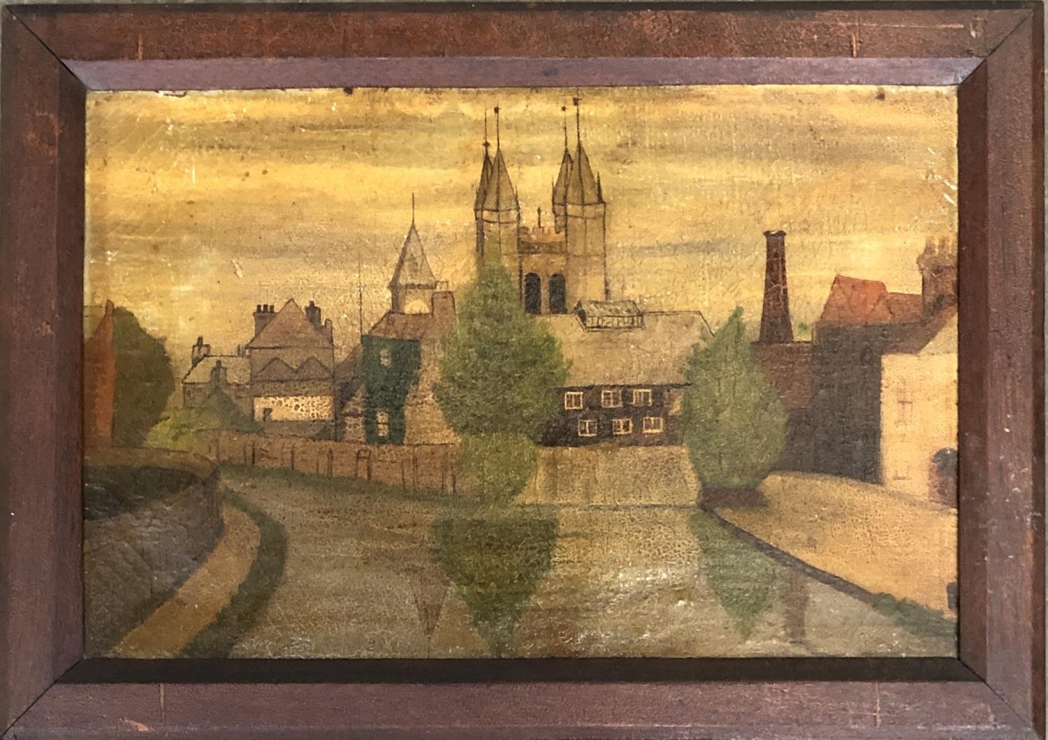A naive 19th century oil on canvas, study of a church tower, 25x39cm