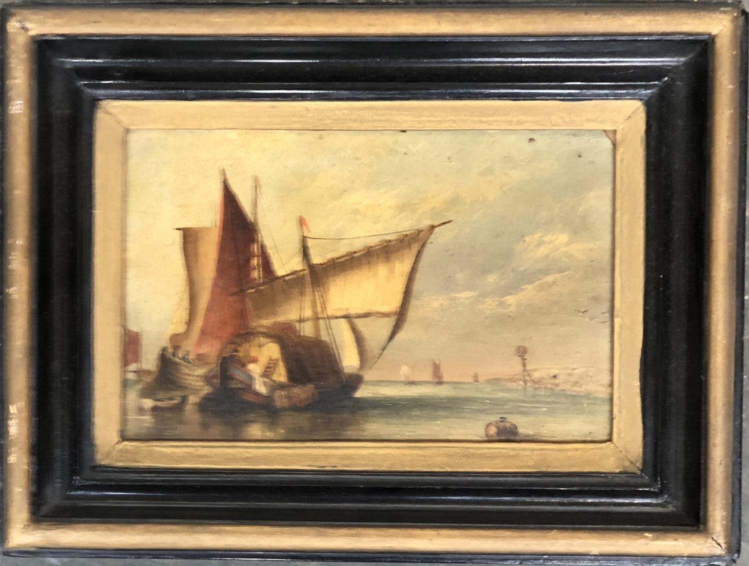 A 19th century oil on board, sailing ships on a calm sea, 13.5x21cm