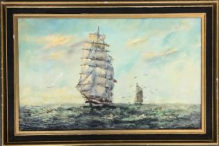 20th century oil on board, tall ships at sea, 36x59cm