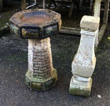A composite stone bird bath, 58cmH, together with a composite stone column, 61cmH