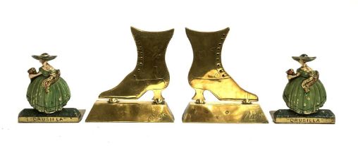 A pair of 19th century brass mantle boots, engraved detail of ships to base, 14cmH; together with
