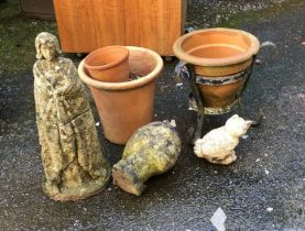 A mixed lot to include a composite stone figure of a cat, terracotta plant pots, one with metal