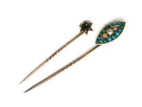 A Victorian yellow metal stick pin of navette form set with turquoise and split pearls, unmarked but